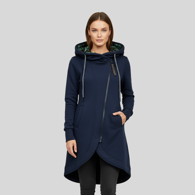 Hooded Asymmetric Zip High Low Longline Fleece Jacket