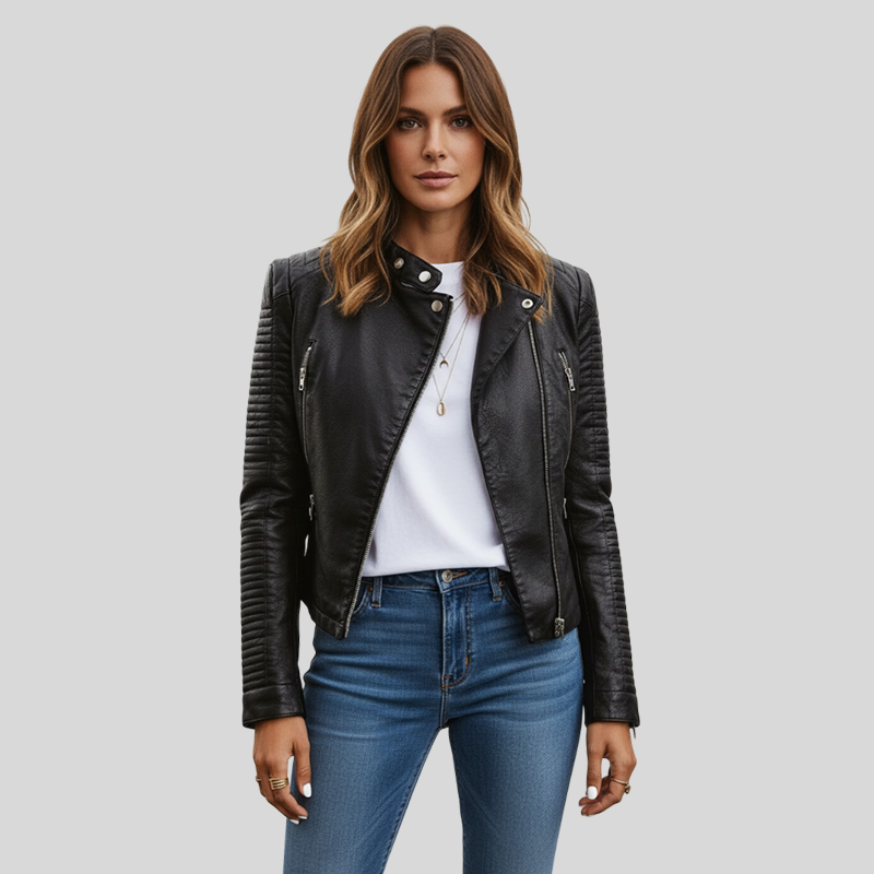 Quilted Panel Faux Leather Moto Biker Jacket