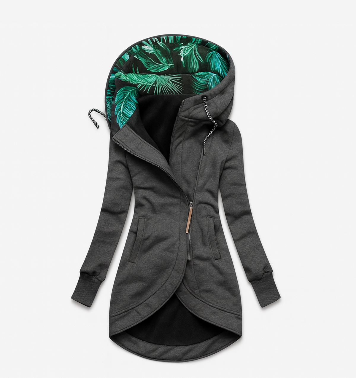Hooded Asymmetric Zip Front Pocket Longline Jacket