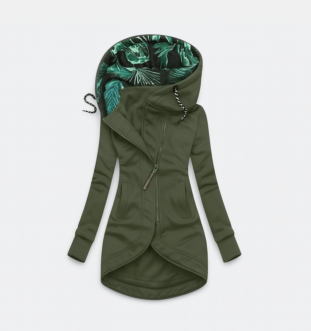 Hooded Asymmetric Zip Front Pocket Longline Jacket