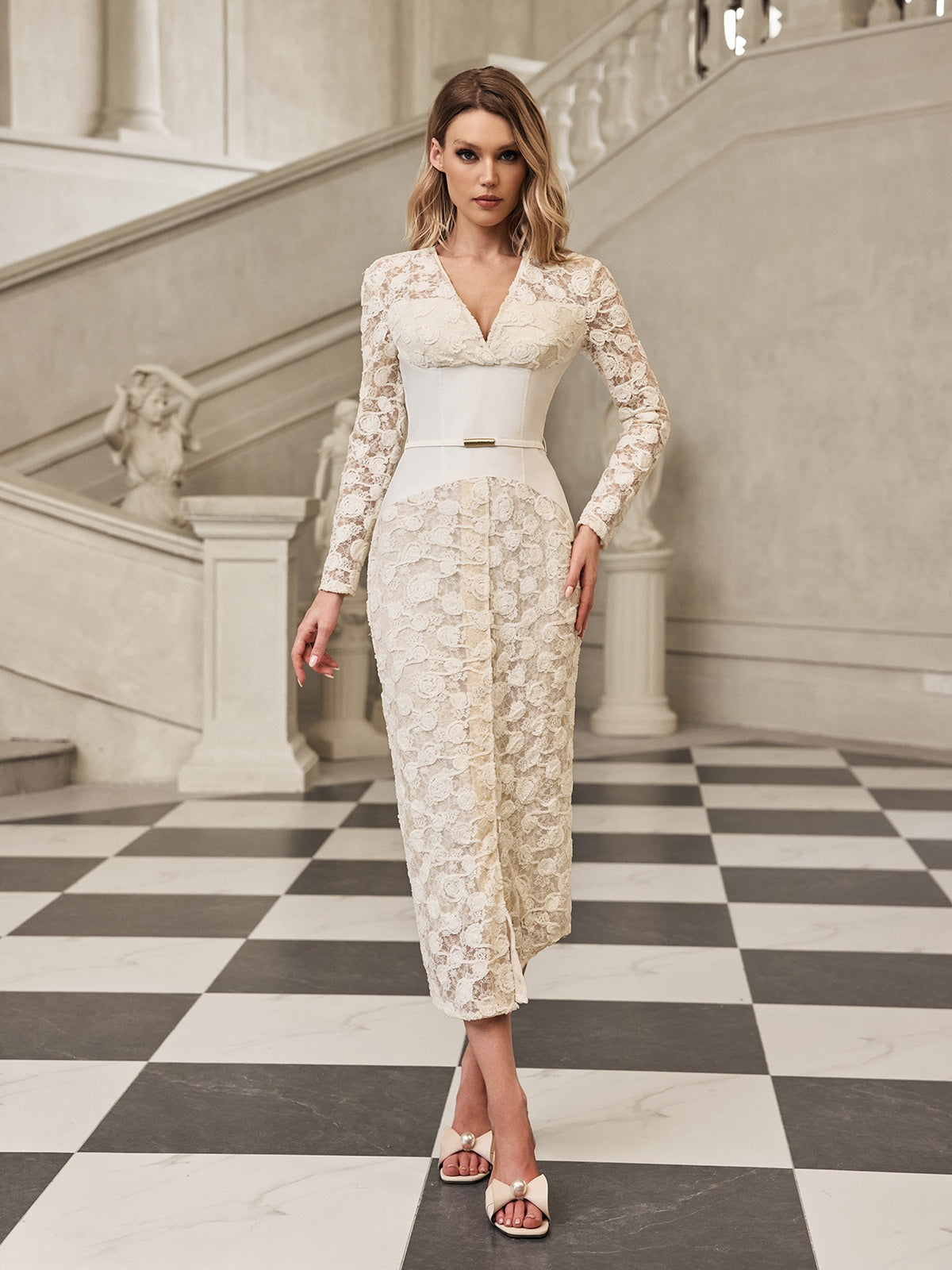 Floral Lace V-Neck Long Sleeve Corset Waist Belted Midi Dress