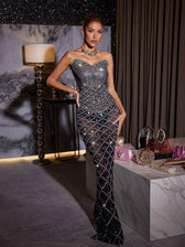 Strapless Rhinestone Mesh Maxi Dress