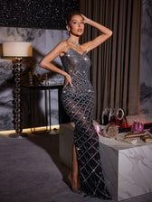 Strapless Rhinestone Mesh Maxi Dress 2