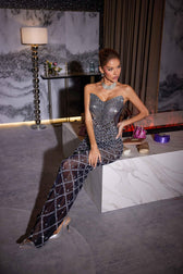 Strapless Rhinestone Mesh Maxi Dress 4