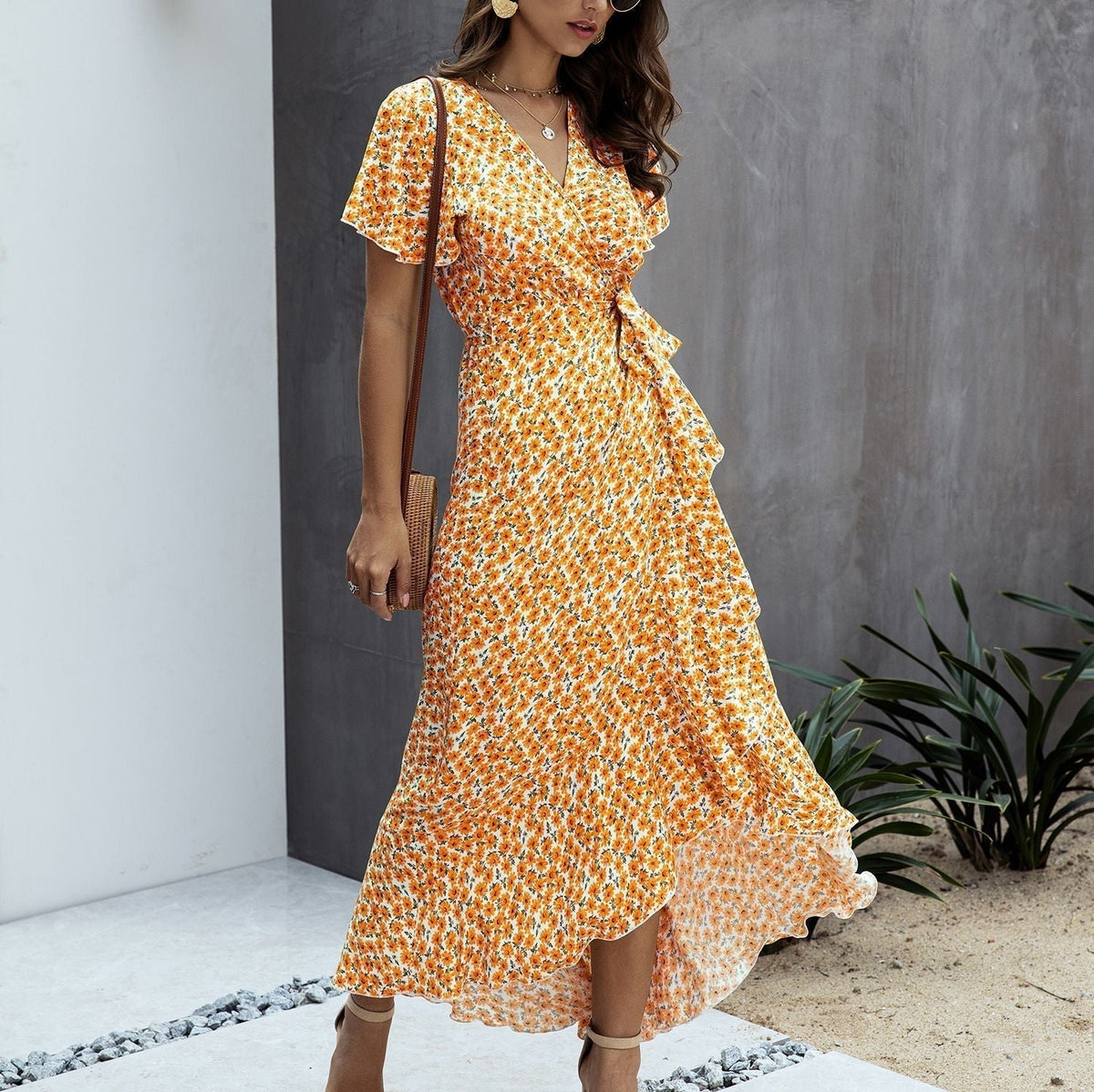 Ditsy Print V-Neck Flutter Sleeve Tie Waist Wrap High Low Maxi Dress 13