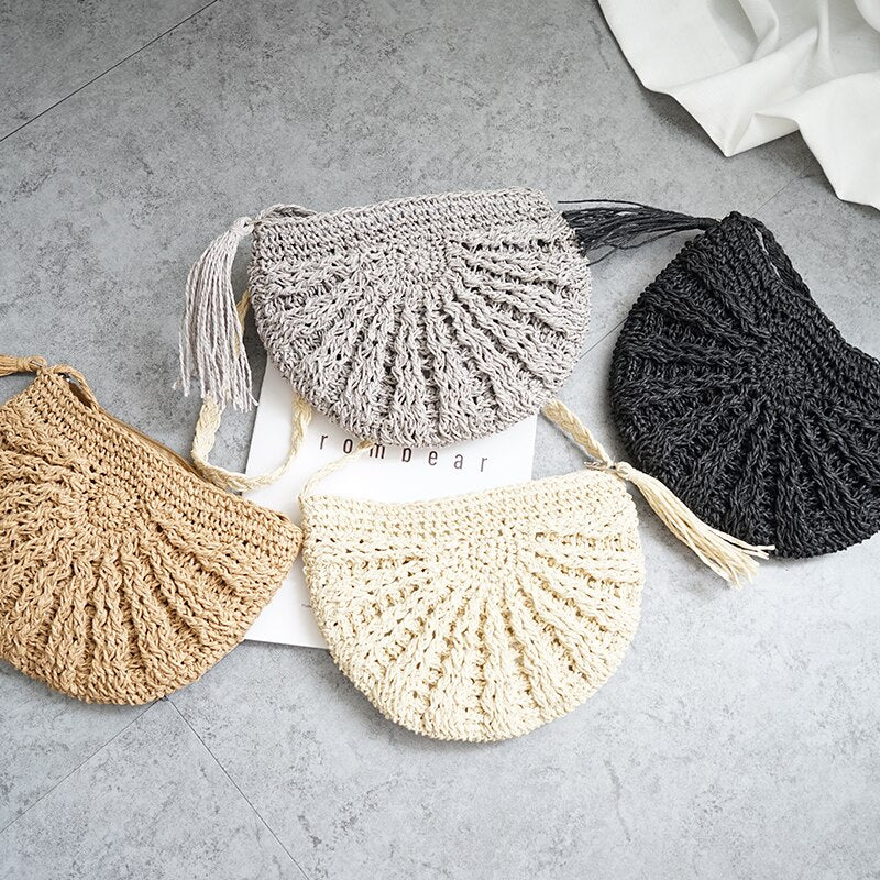 Semicircle Tassel Knitting Straw Bag