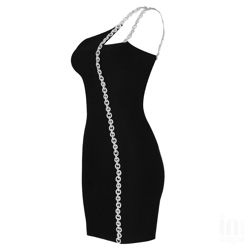 One Shoulder Chain Strap Trim Bandage Bodycon Mini Dress 14