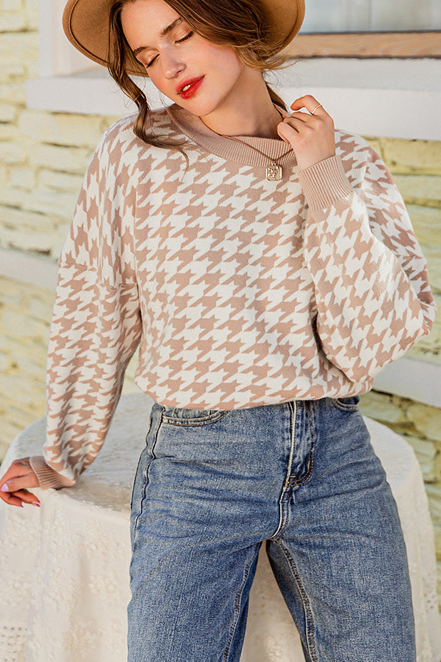 Geometric Houndstooth  Khaki Knitted Sweater