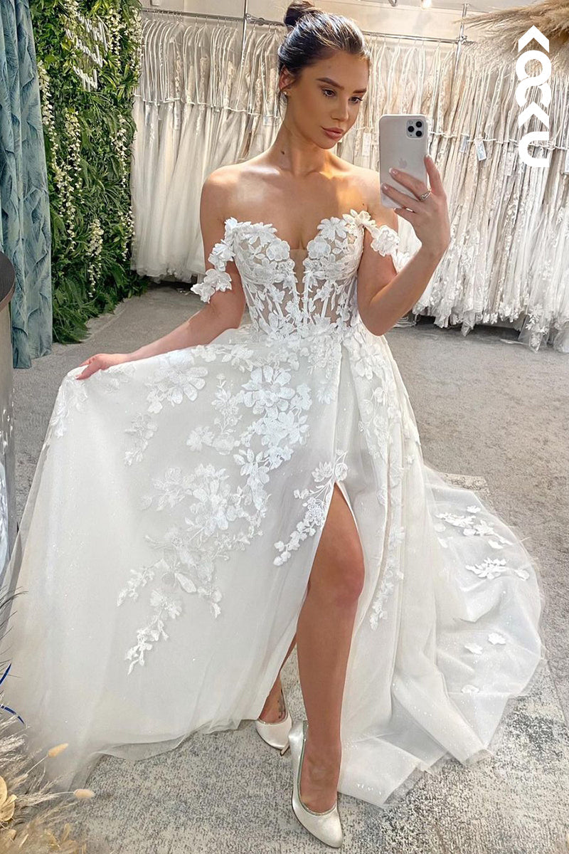 K1884 - Sexy & Elegant V- neck Cap Sleeves Slit Trumpet Wedding Dress With Appilique