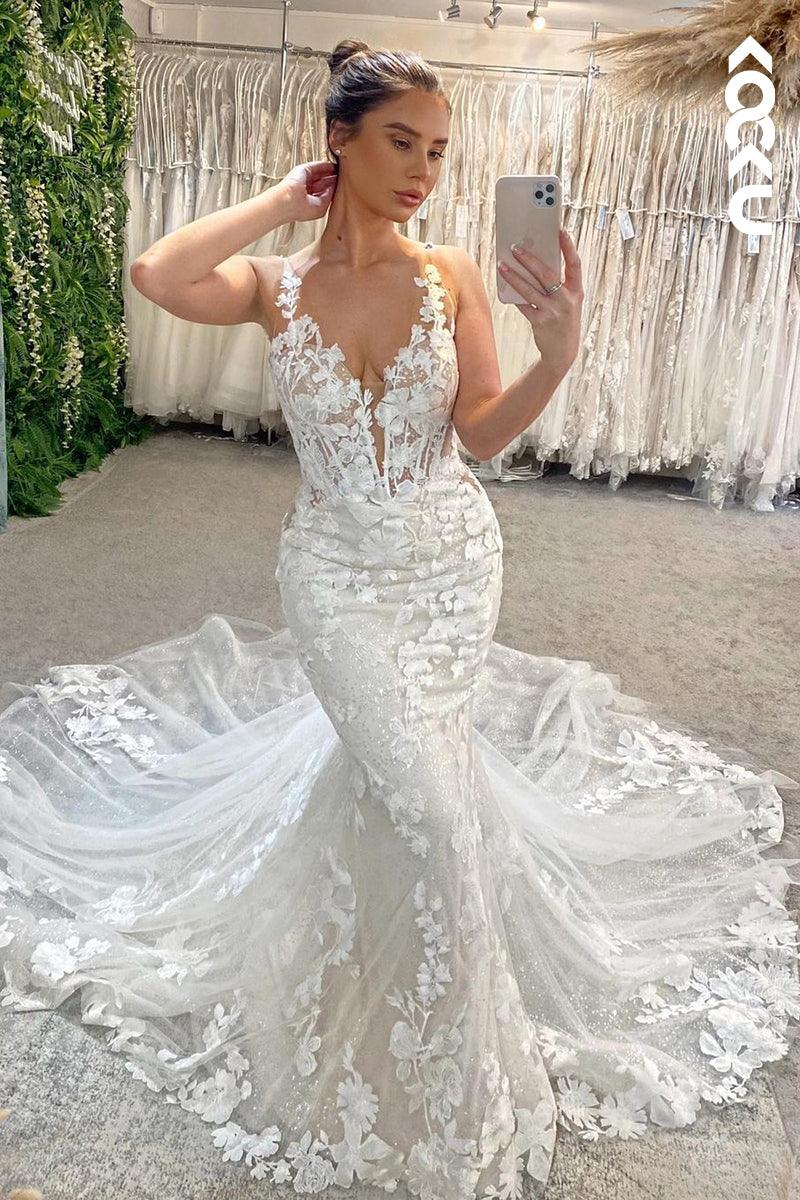 K1885 - Elegant & Luxurious Straps V-Neck Mermaid Wedding Dress With Fully Applique