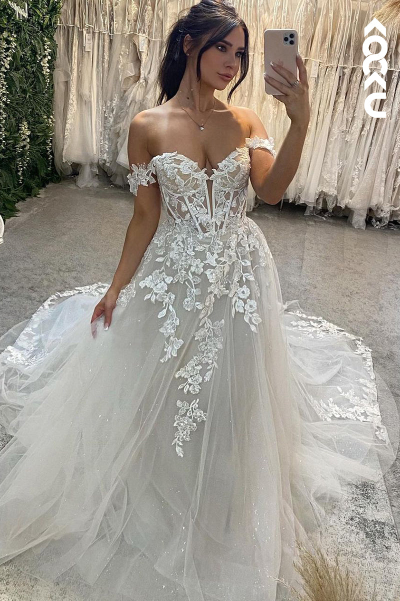 K1886 - Classic & Timelessc Sweetheart Cap Sleeves Long A-Line Wedding Dresses With Applique