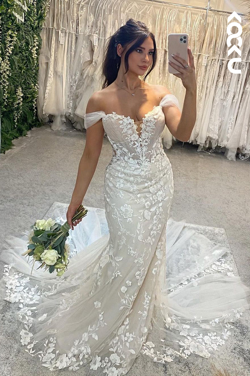 K1887 - Elegant Cap Sleeves V-neck Mermaid Wedding Dress With Applique