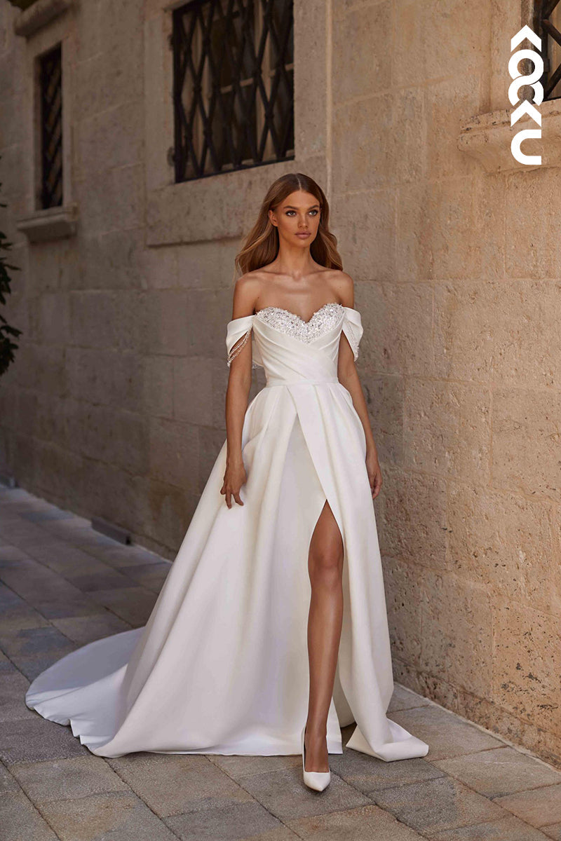 K1892 - Elegant & Luxurious Off-Shoulder Cap Sleeves Side Slit A-line Wedding Dress