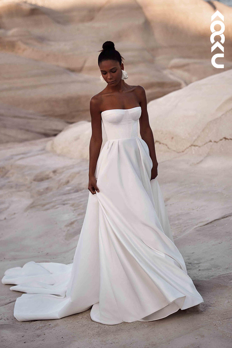 K1894 - Simple & Elegant Off-Shoulder Sleeveless A-Line Wedding Dress