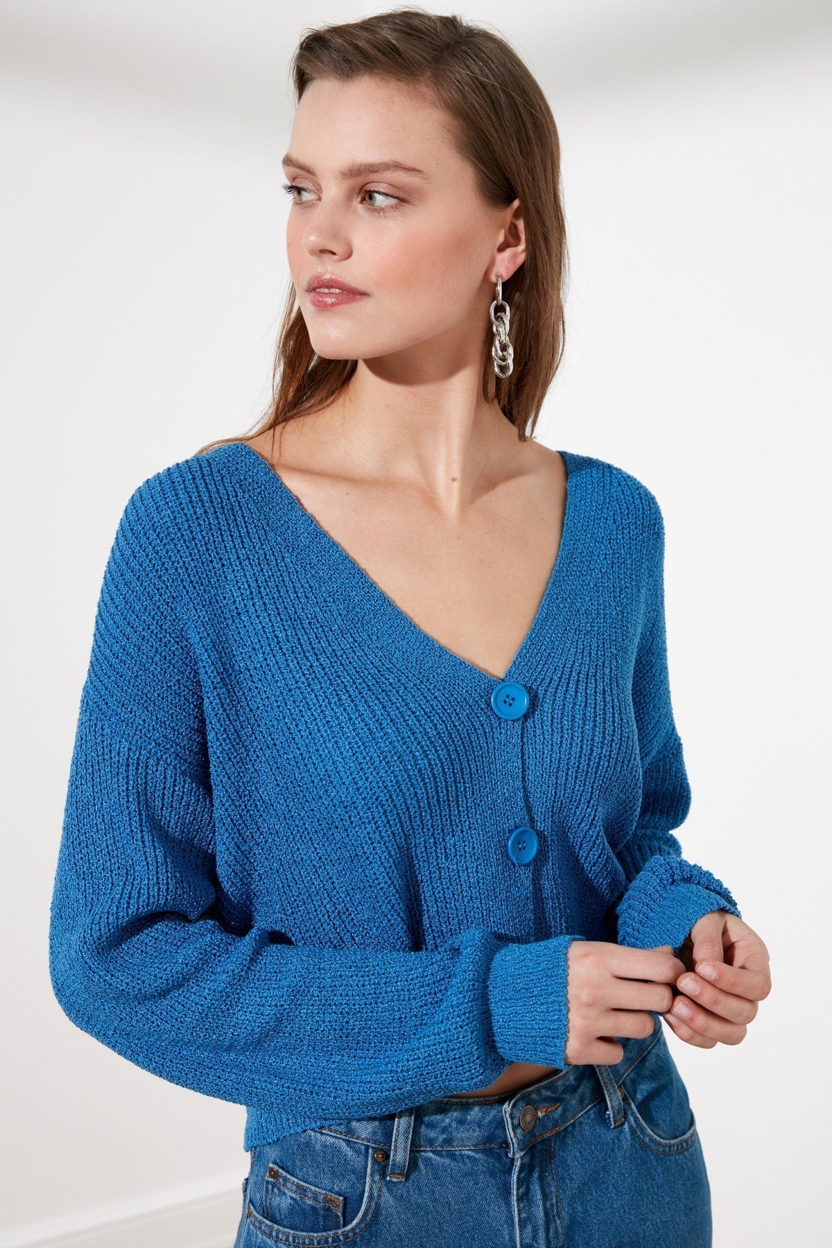 V-Neck Button Front Long Sleeve Open Knit Cropped Cardigan 12