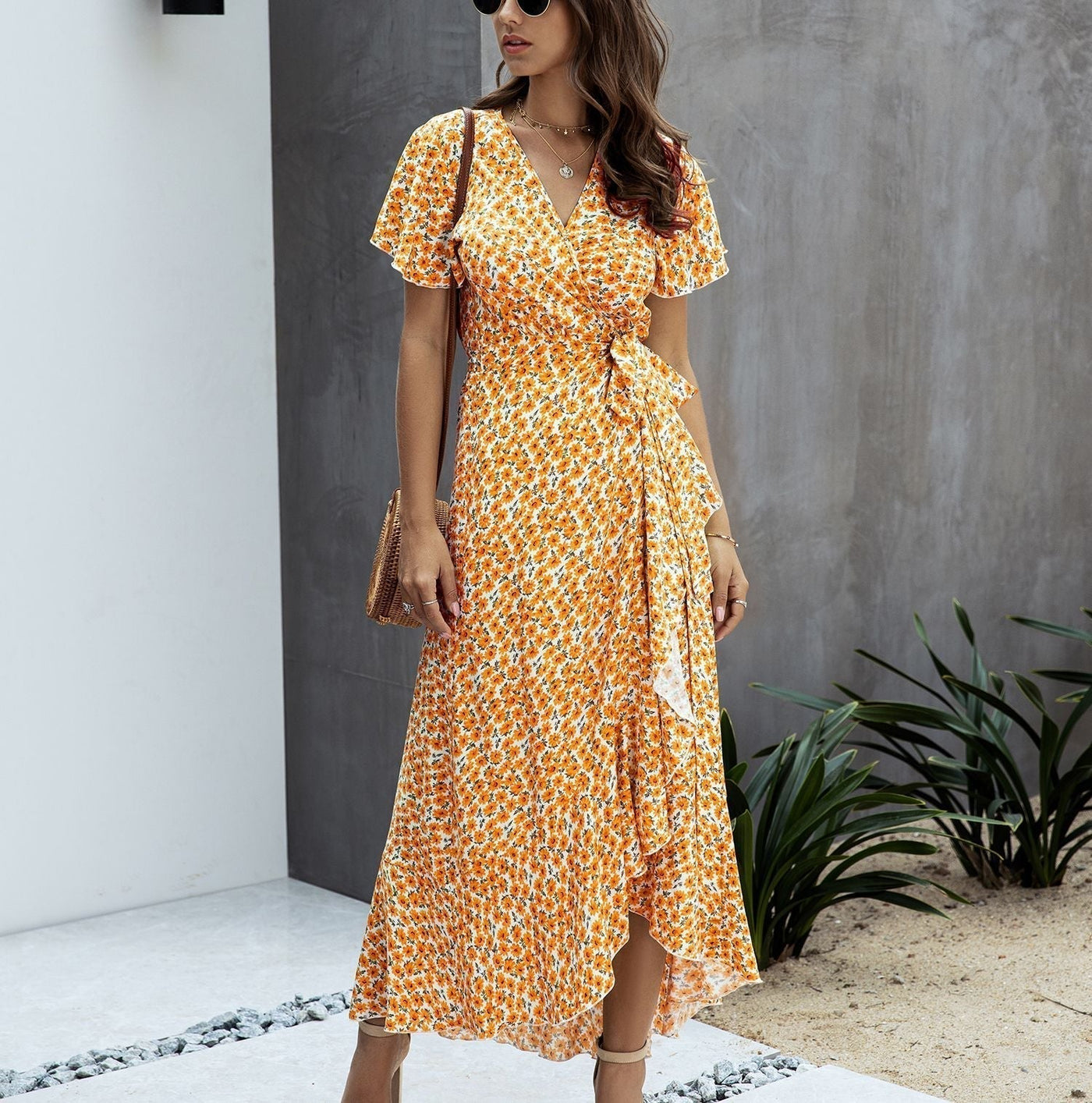 Pink Polka Dot V-Neck Ruffle Short-Sleeved Beach Vacation Summer Dress Xl / Yellow Dresses