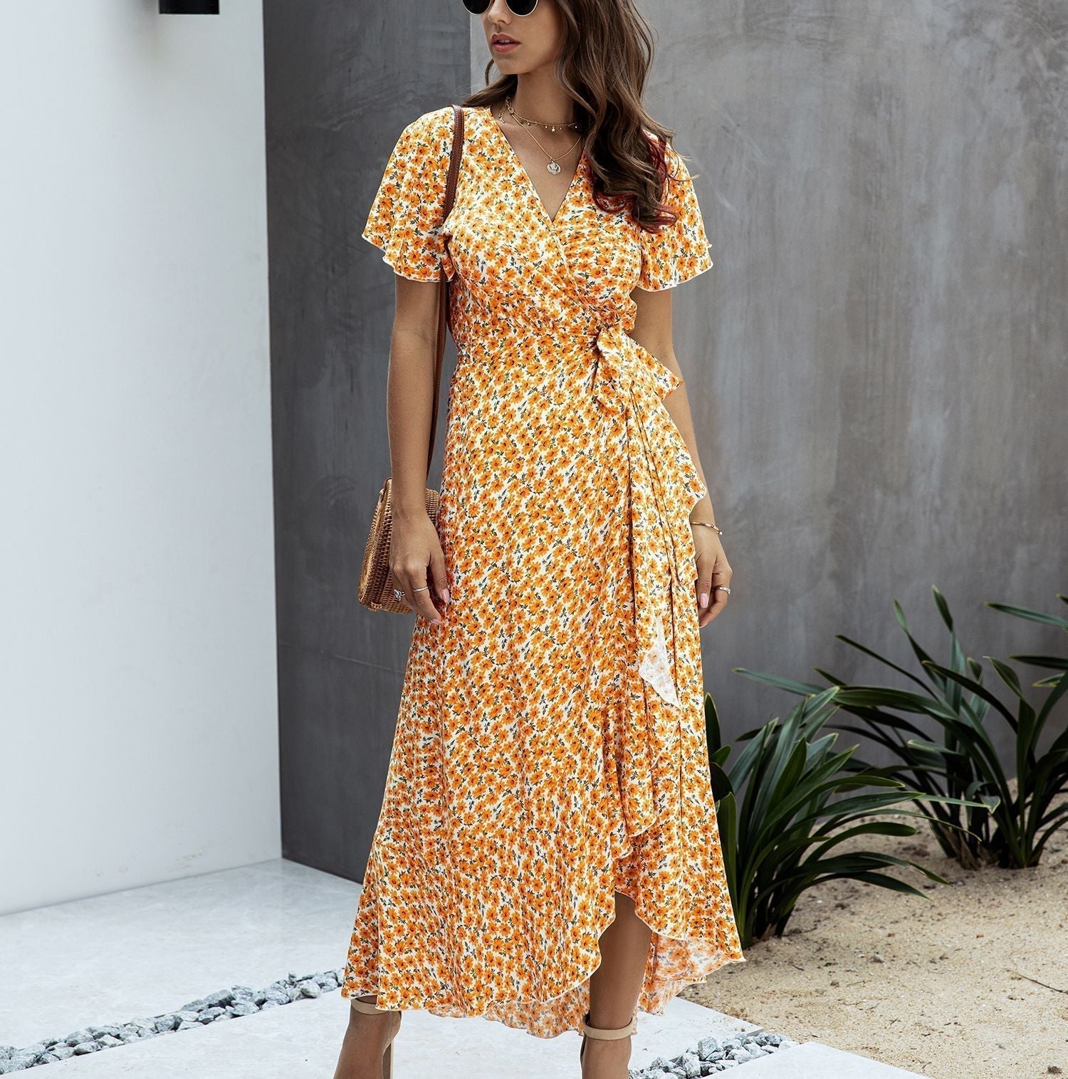 Pink Polka Dot V-Neck Ruffle Short-Sleeved Beach Vacation Summer Dress Xl / Yellow Dresses