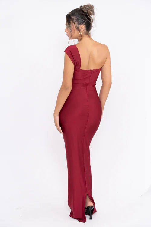 Sexy One-Shoulder Wrapped Chest Slim Pleated Dress