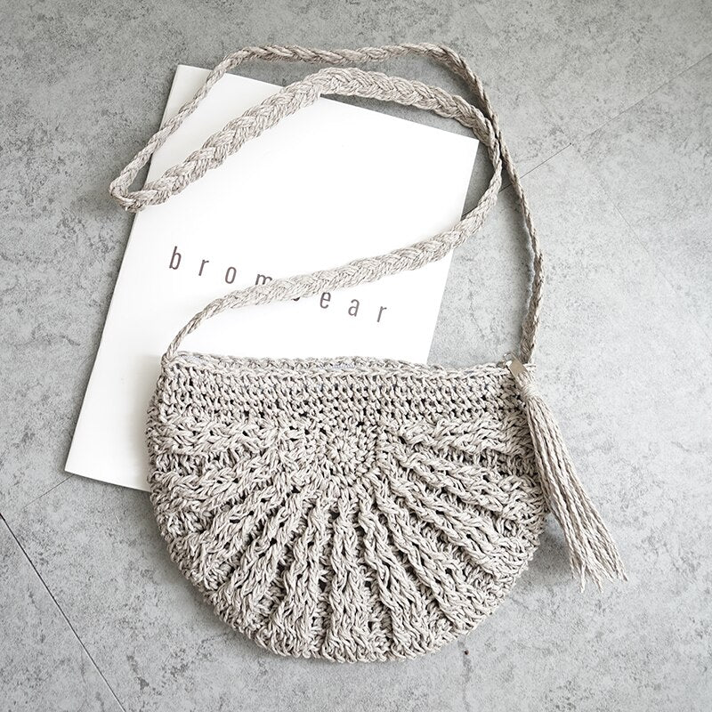 Semicircle Tassel Knitting Straw Bag