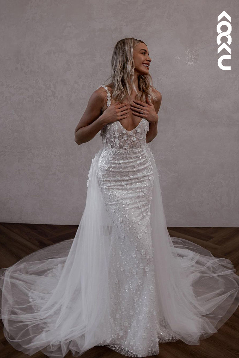 K1896 - Glamorous & Dramatic Mermaid Spaghetti Straps V-Neck Backless Wedding Dress With Applique