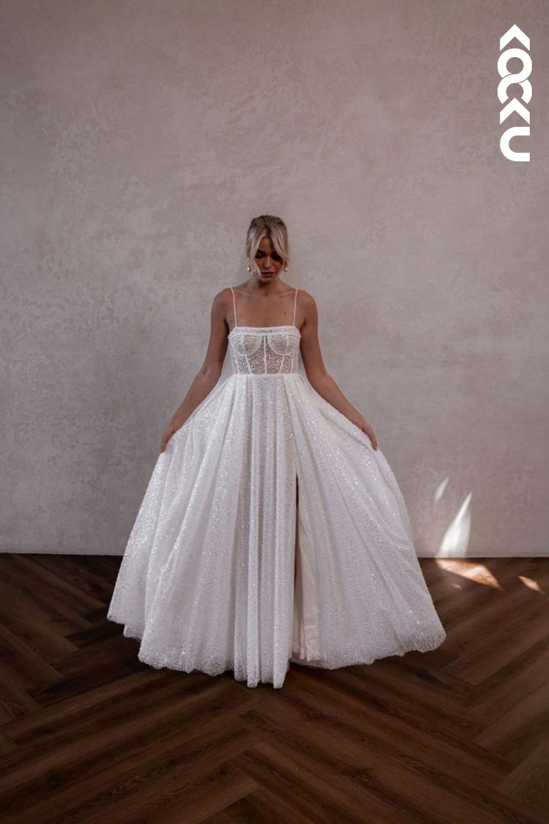 K1898 - Classic & Timeless Spaghetti Straps Square A-Line Side Slit Party Wedding Dress