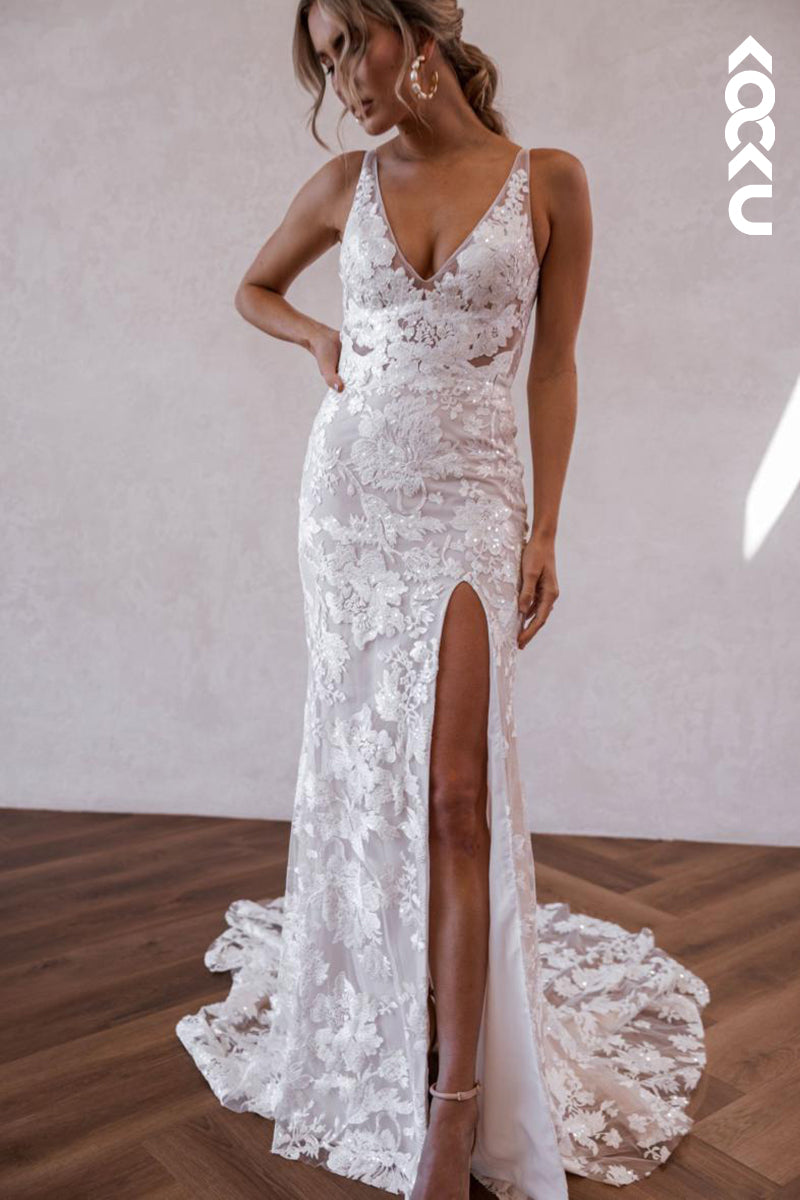 K1901 - Couture & Ornate V-Neck Straps Side Slit Mermaid Wedding Dress With Applique