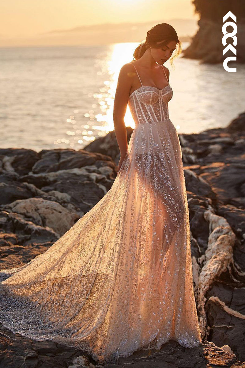 K1900 - Glamorous & Dramatic Spaghetti Straps Sweetheart A-Line Applique Wedding Dress