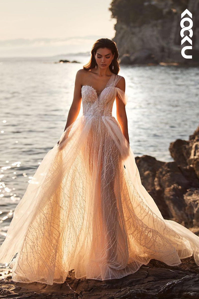K1903 - Gorgeous & Charming One Shoulder Cap Sleeves A-line Sweetheart A-line Wedding Dress