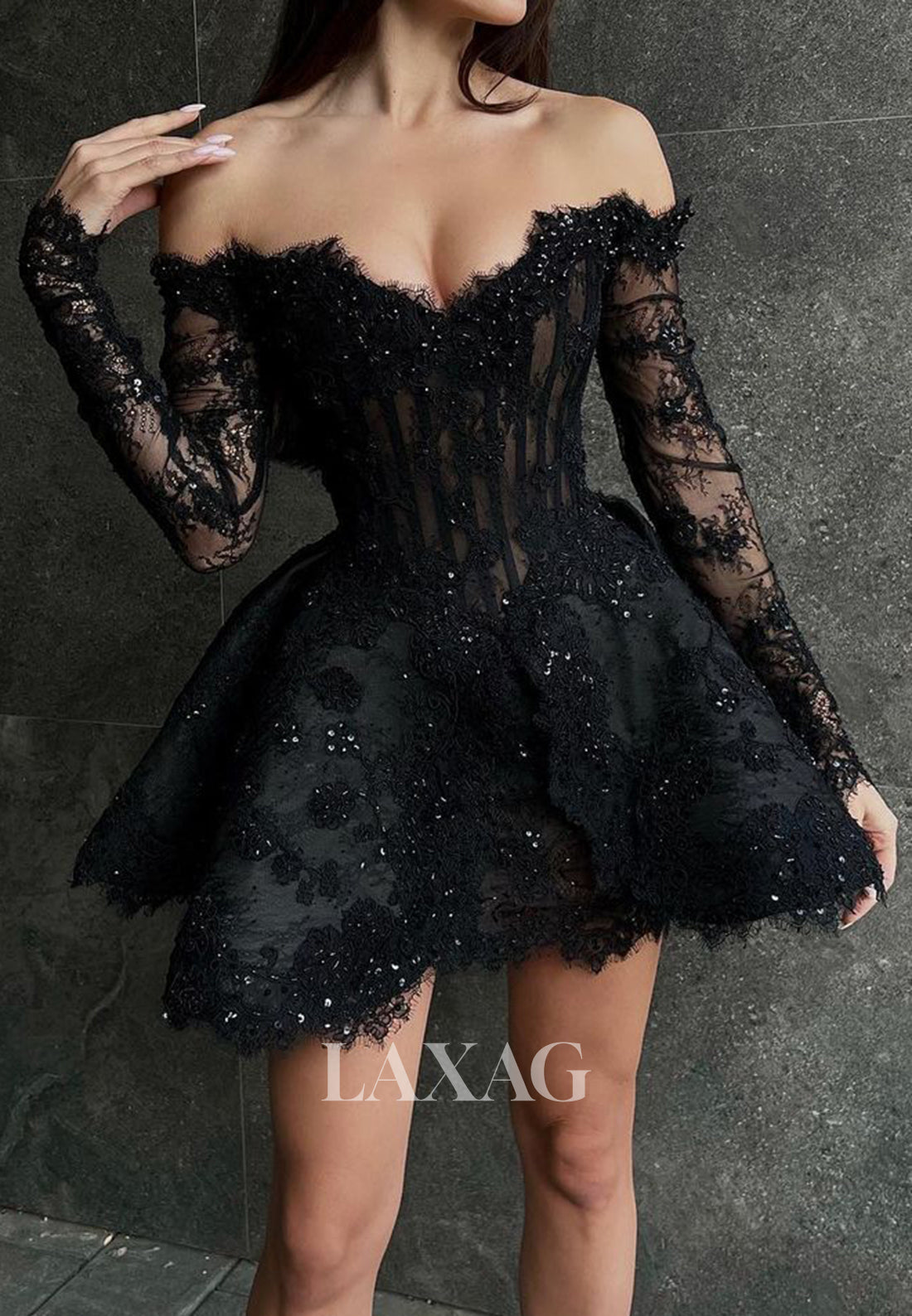 Sweetheart Off-Shoulder Long-Sleeves Sheer Lace Beaded Short A-Line Homecoming Dress