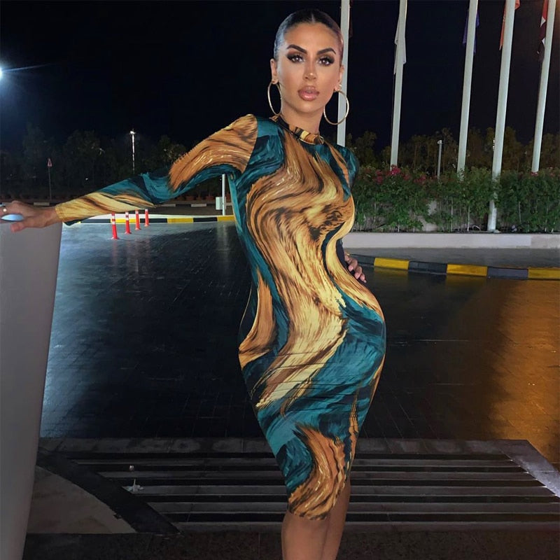 Abstract Feather Print Mock Neck Long Sleeve Bodycon Midi Dress 2