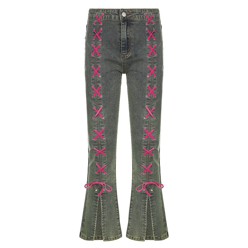 Mojoyce Vintage Fashion Skinny Lace Up Y2K Low Rise Jeans Female Streetwear Bandage Split Flared Jeans Denim Pants Aesthetic