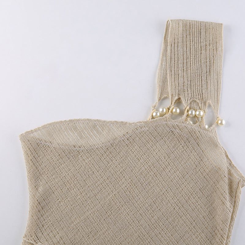 On Vacay One Shoulder Backless Pearl Dress 4