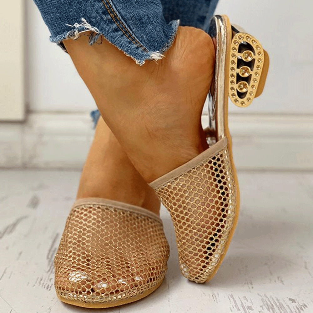 Hollow Mesh Fretwork Heels Slippers
