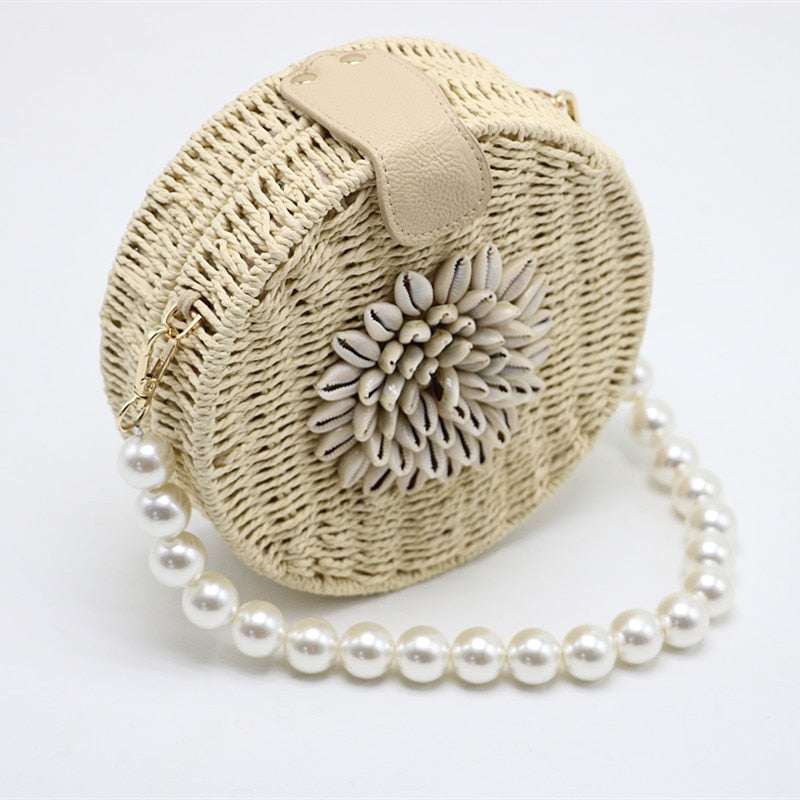 Round Shell Pearl Woven Straw Bag