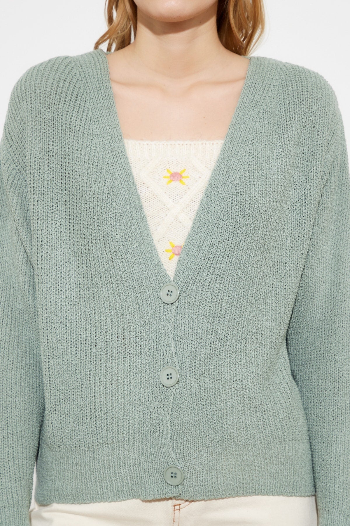 V-Neck Button Front Long Sleeve Open Knit Cropped Cardigan 20