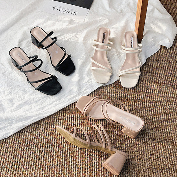 High Heels Square Open Toe Slides Sandals