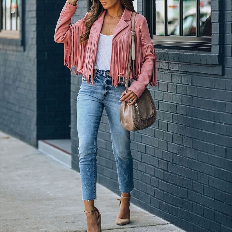 Fringe Lapel Cropped Suede Jacket