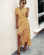 Pink Polka Dot V-Neck Ruffle Short-Sleeved Beach Vacation Summer Dress Xl / Orange Dresses