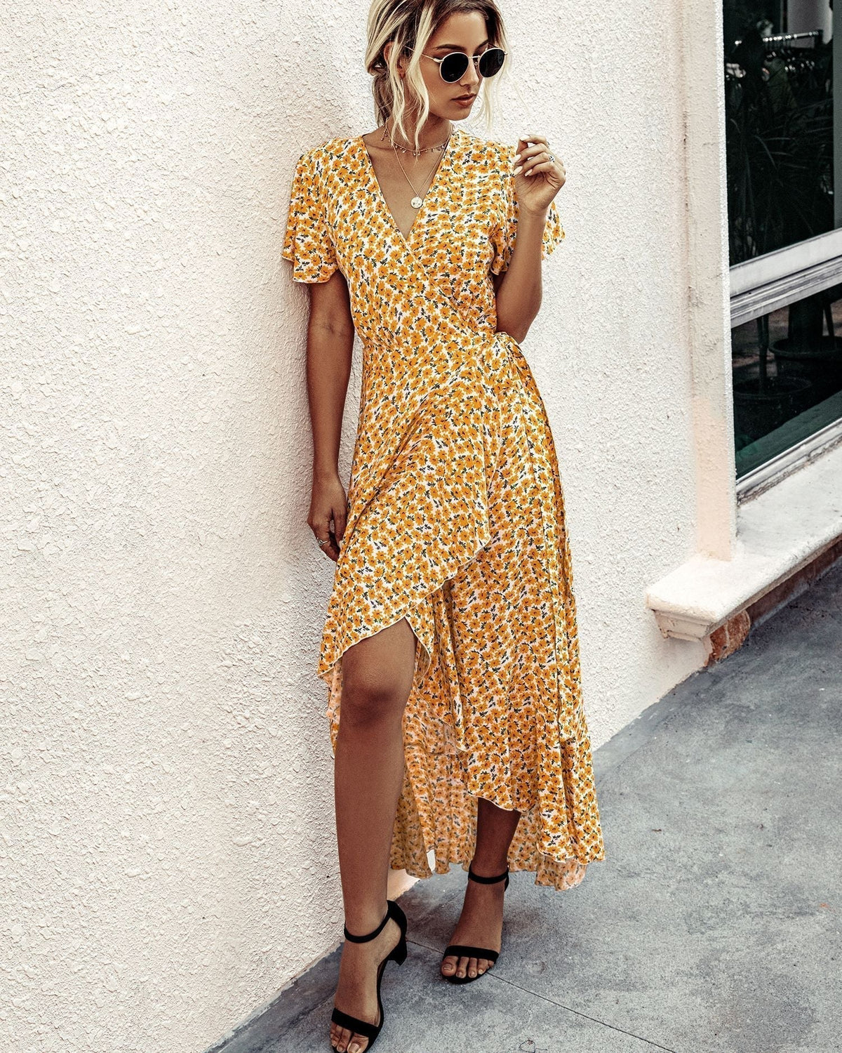 Ditsy Print V-Neck Flutter Sleeve Tie Waist Wrap High Low Maxi Dress 11