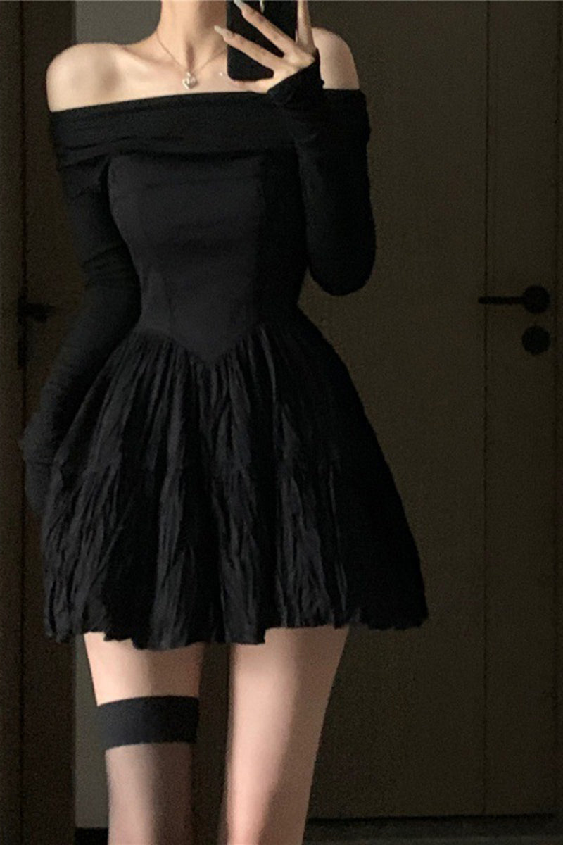 H5068 - Casual Off-Shoulder Long Sleeves Satin A-Line Mini Dress