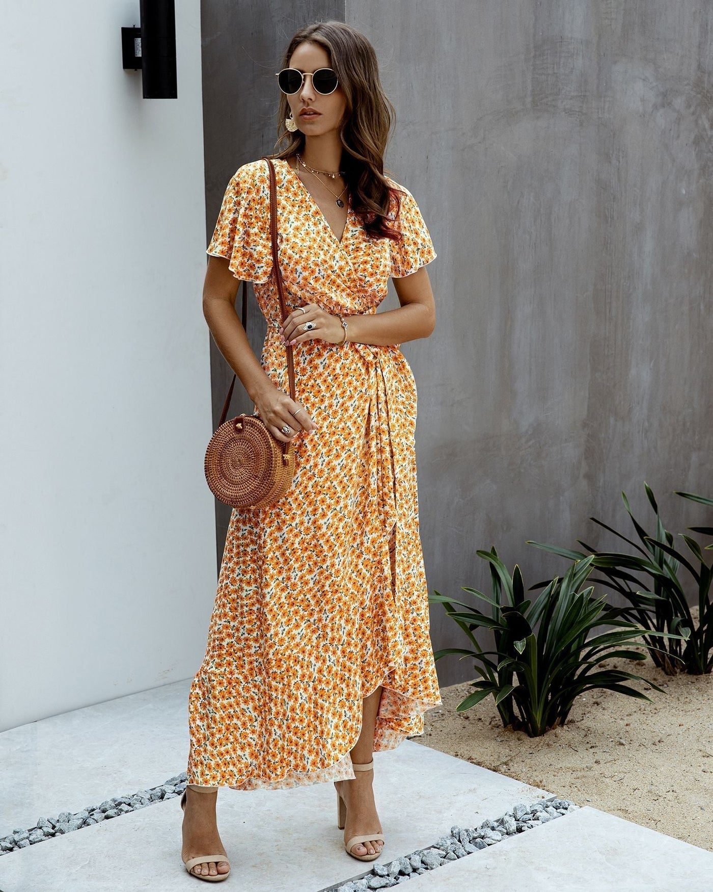 Pink Polka Dot V-Neck Ruffle Short-Sleeved Beach Vacation Summer Dress L / Orange Dresses
