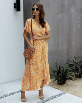Pink Polka Dot V-Neck Ruffle Short-Sleeved Beach Vacation Summer Dress L / Orange Dresses