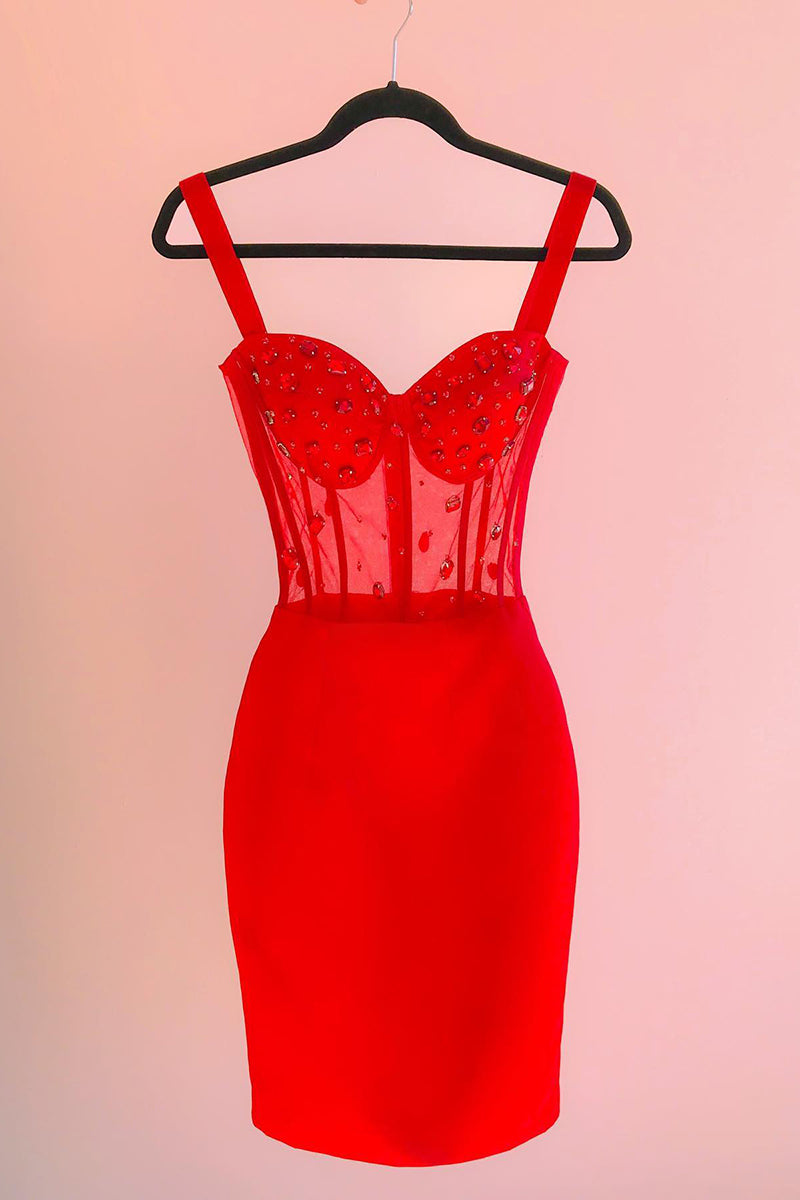H5424 - Sweetheart Sleeveless Beaded Sheer Tulle Sheath Mini Homecoming Dress