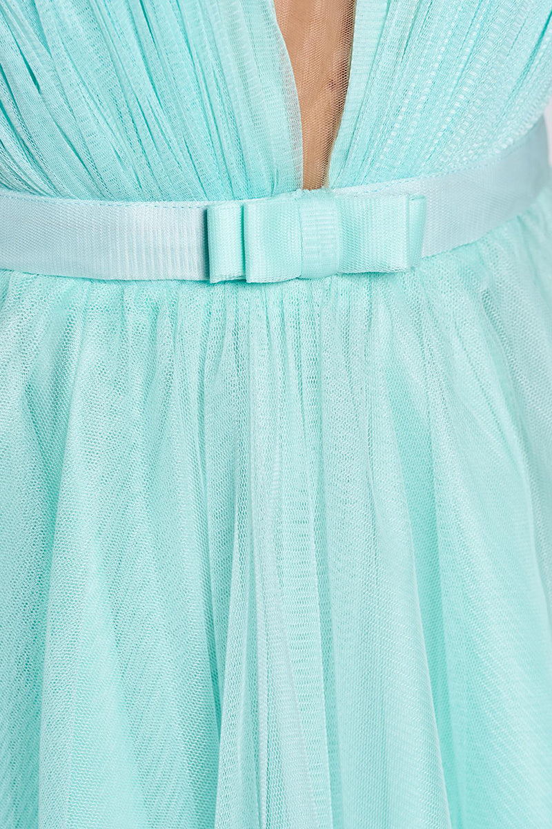 H5457 - Low V-Neck Sleeveless Ruched Tulle A-Line Mini Homecoming Dress