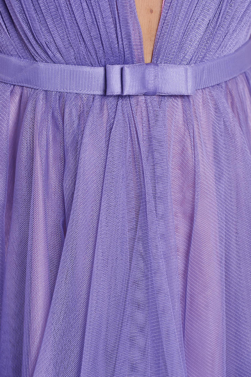 H5457 - Low V-Neck Sleeveless Ruched Tulle A-Line Mini Homecoming Dress