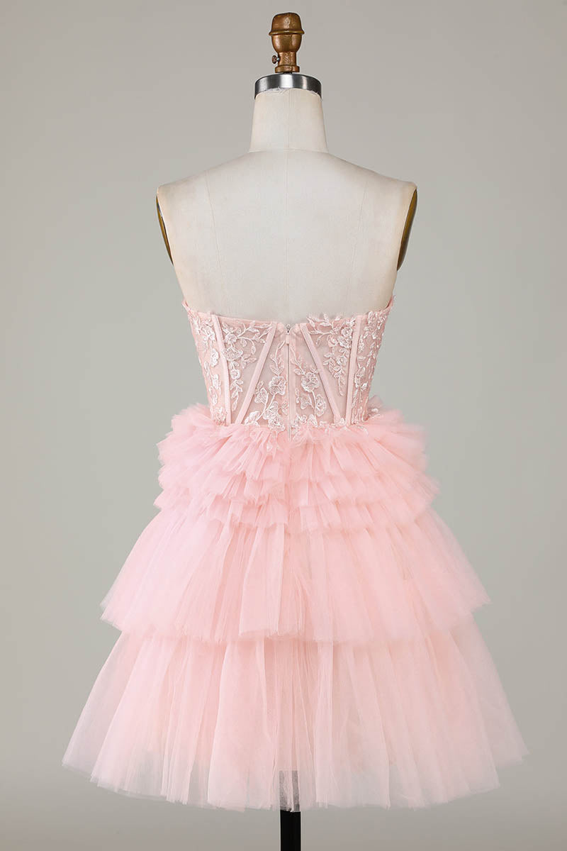 H5462 - Sweetheart Strapless Appliqued Sheer Tulle A-Line Mini Homecoming Dress