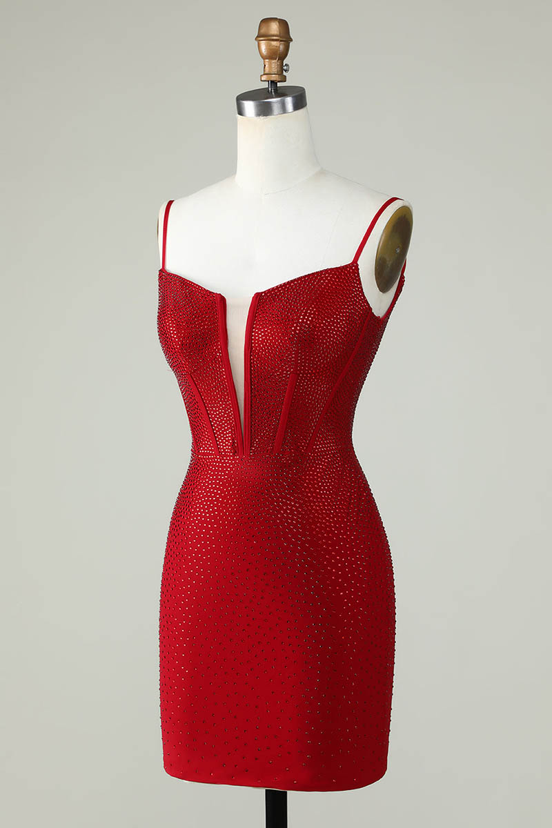 H5466 - Low V-Neck Spaghetti Straps Beaded Satin Sheath Mini Homecoming Dress