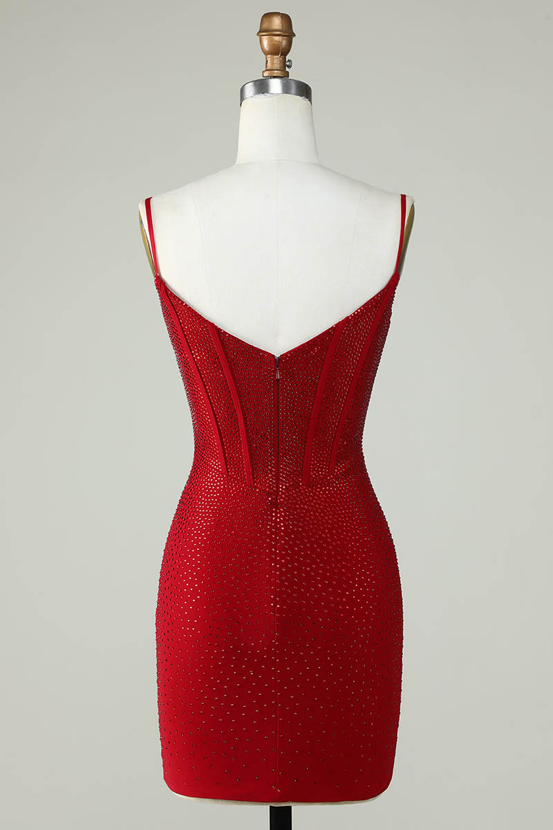 H5466 - Low V-Neck Spaghetti Straps Beaded Satin Sheath Mini Homecoming Dress