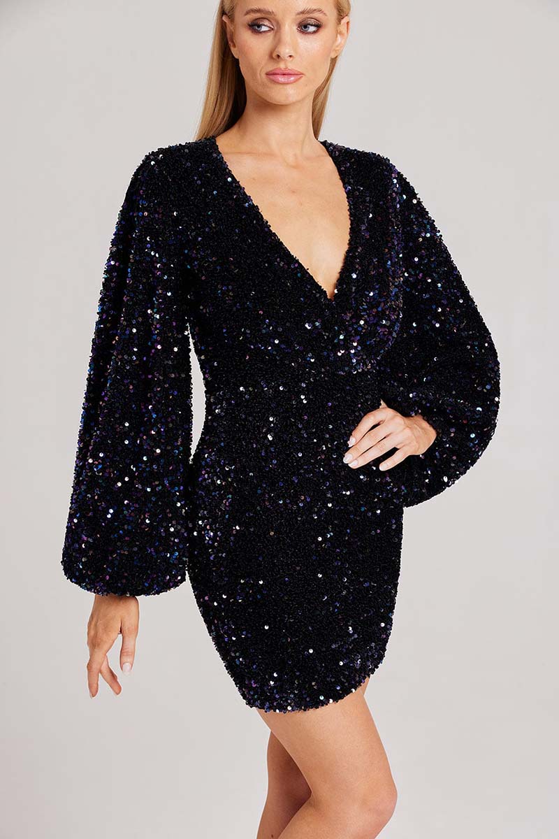 H5491 - Simple V-Neck Long Sleeves Sequined Sheath Mini Homecoming Dress