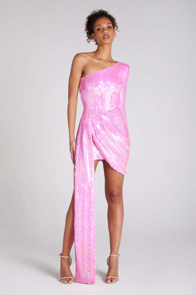 H5492 - One Shoulder Long Sleeves Ruched Sequined Sheath Mini Homecoming Dress